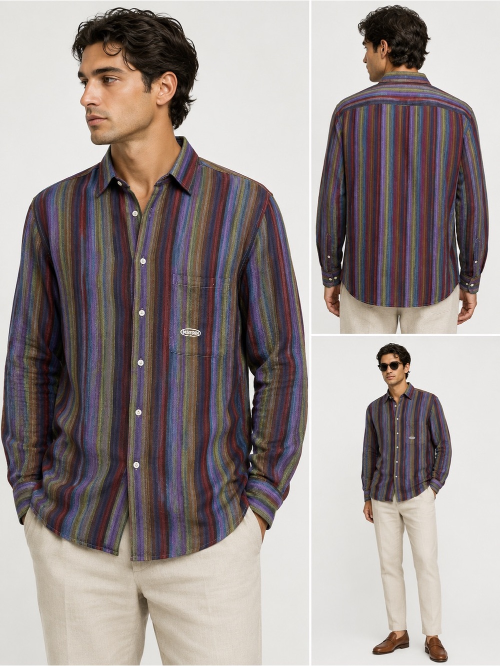 NWOT Missoni Uomo 100% Linen Striped Button Front Shirt Made in Italy Multicolor